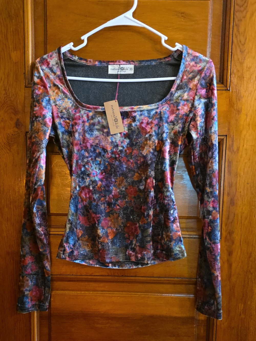 NATURAL LIFE Multicolor Floral Velvet Scoop Neck Long Sleeve Top